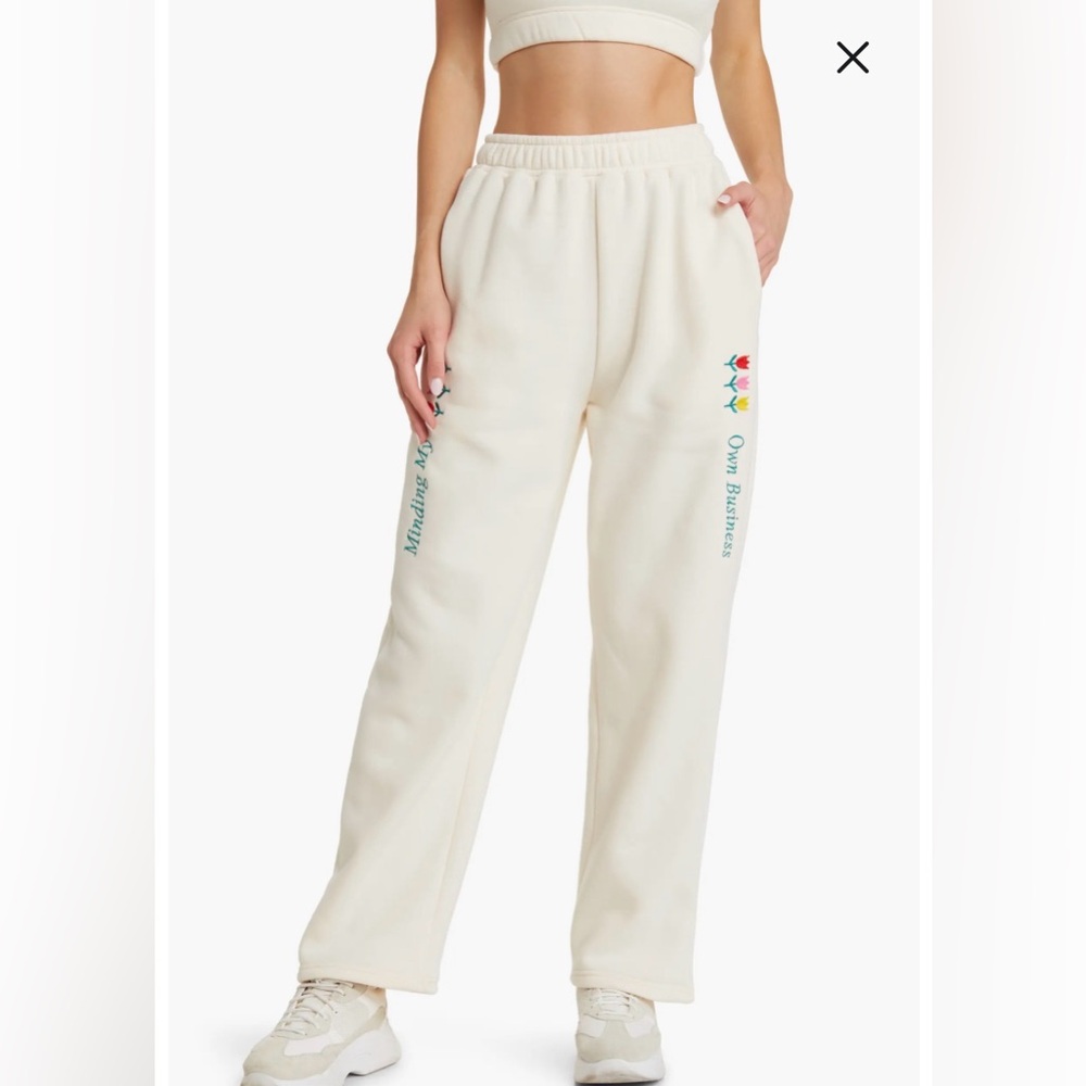 Yellow the Label Minding My Own Business Fleece Pants size Large in Cream/Ivory - Picture 1 of 10